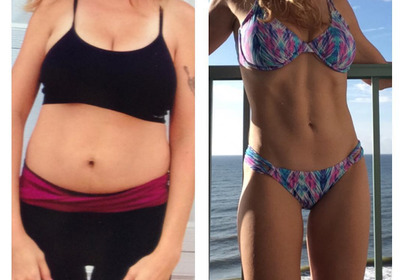 Kobieta przed i po odchudzaniu w czarnych spodenkach i czarnym staniku oraz w niebieskim bikini Kobieta przed i po odchudzaniu w czarnych spodenkach i czarnym staniku oraz w niebieskim bikini