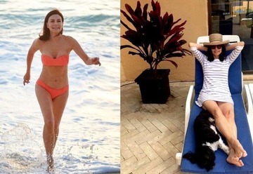 Carolyn biegnąca w pomarańczowym bikini po plaży i leżąca na leżaku Carolyn biegnąca w pomarańczowym bikini po plaży i leżąca na leżaku