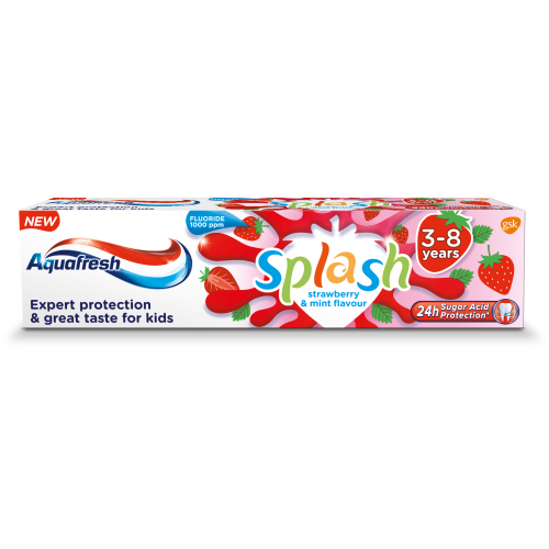 Aquafresh, Splash Toothpaste, Strawberry & Mint Flavour (Pasta do zębów dla dzieci 3-8 lat `Truskawka i mięta`)