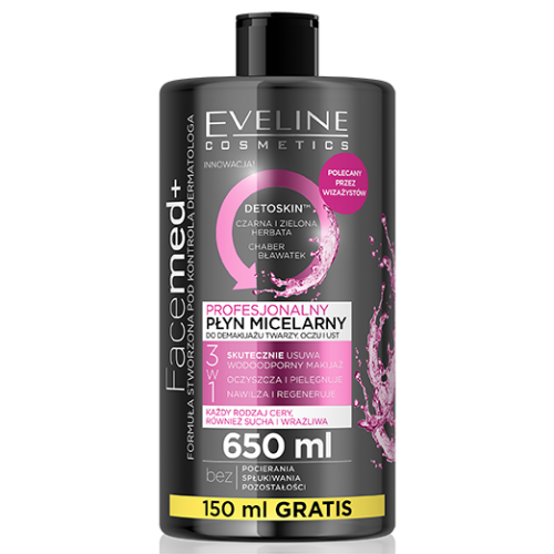 Eveline Cosmetics, Facemed +, Detoskin, Profesjonalny płyn micelarny do demakijażu twarzy, oczu i ust 3 w 1