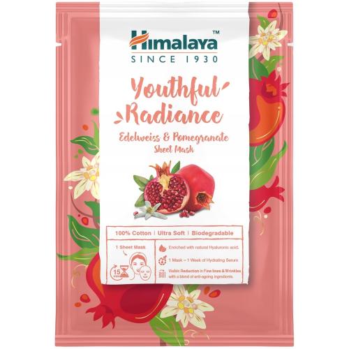 Himalaya Botanique, Youthful Radiance Edelweiss & Pomegranate Sheet Mask (Odmładzająca maska do twarzy na tkaninie z szarotką górską i granatem)