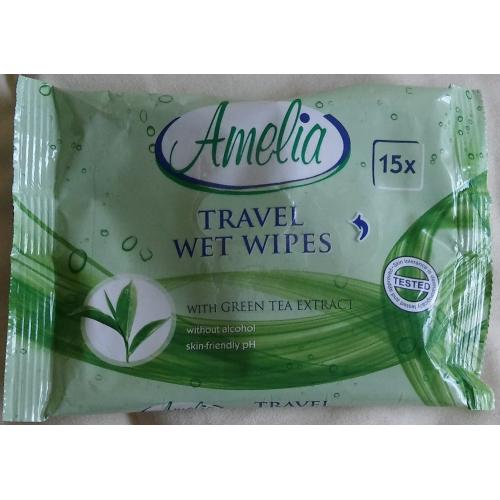 Amelia, Travel Wet Wipes with Green Tea Extract (Chusteczki nawilżane z zieloną herbatą)