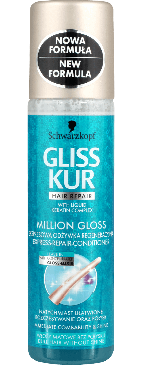 Экспресс кондиционер глис. Gliss Kur million Gloss Schwarzkopf. Schwarzkopf Gliss Kur миллион Глосс. Gliss Kur million Gloss спрей. Gliss Kur несмываемый.